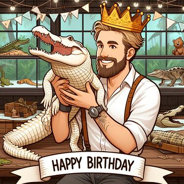 AI generated image of cartoon Darien partying in a reptile room with an Croc!