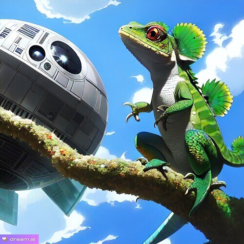 AI created image - Lizard stood on branch, staring at the death star in the distace